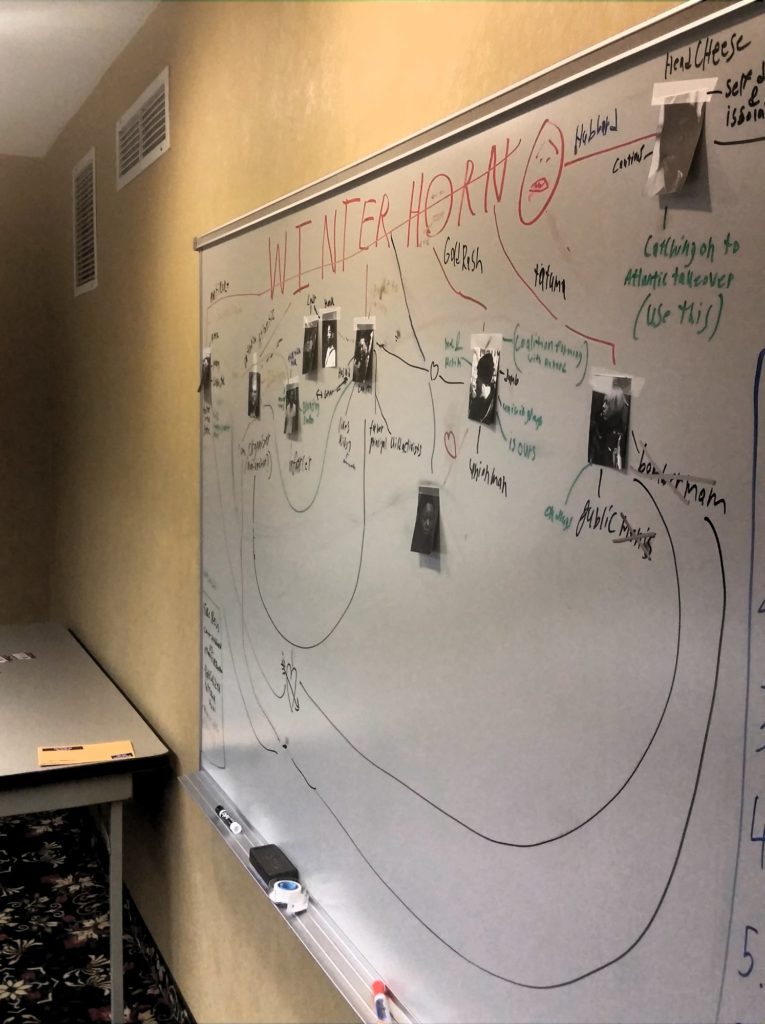 A whiteboard, with black and white photos and lines drawn to show connections